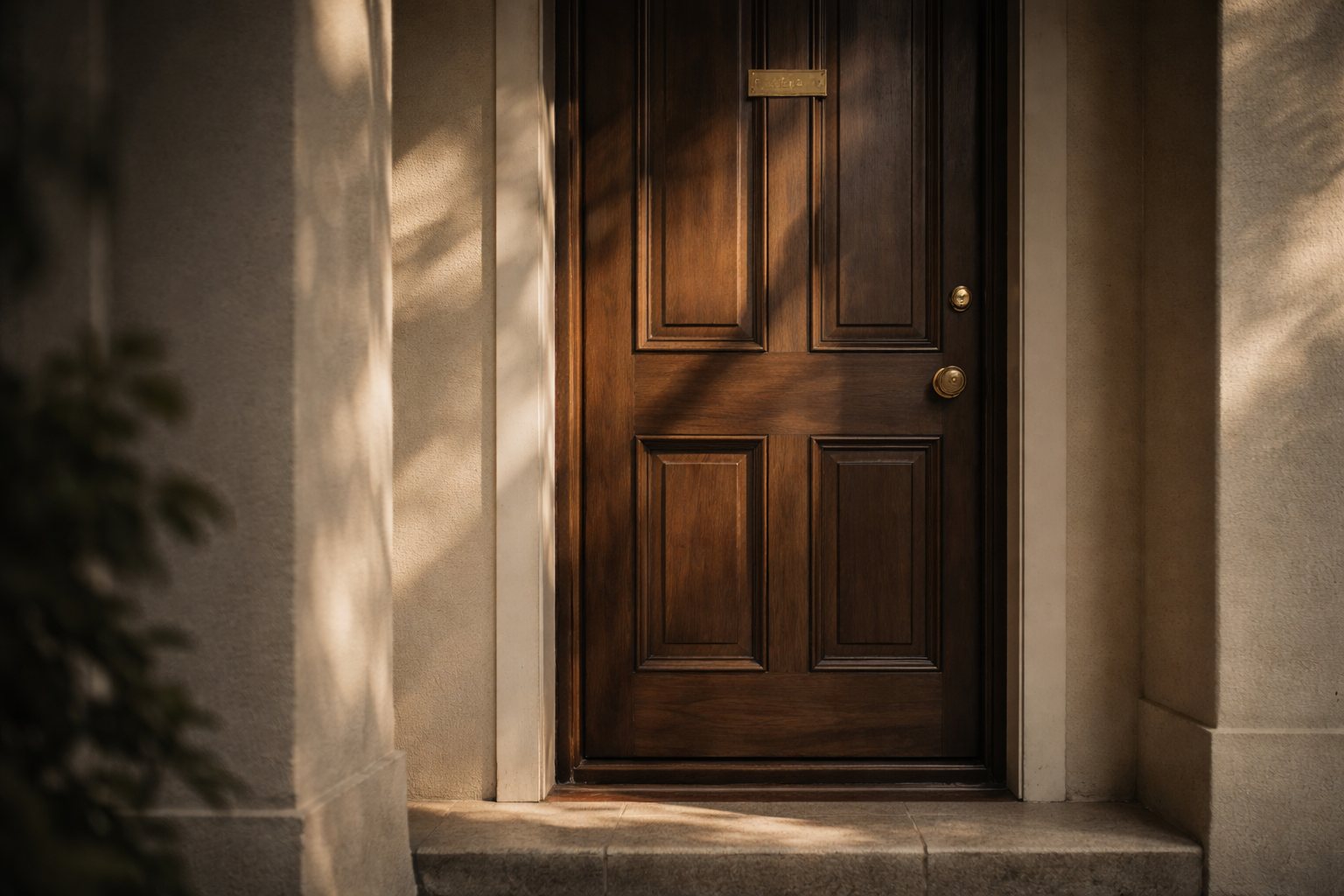 Solid timber door at the threshold of an established residence, brass handle catching afternoon light