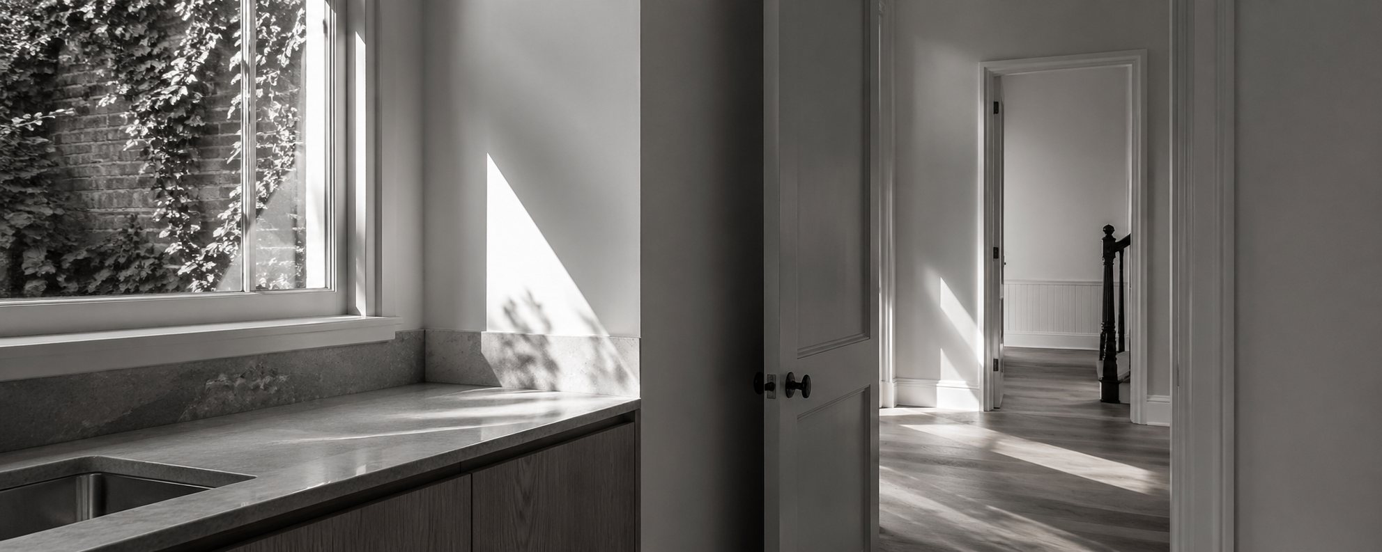 Through-view inside a quiet residential interior — morning light moving from a kitchen window across the bench and into a hallway beyond an open door