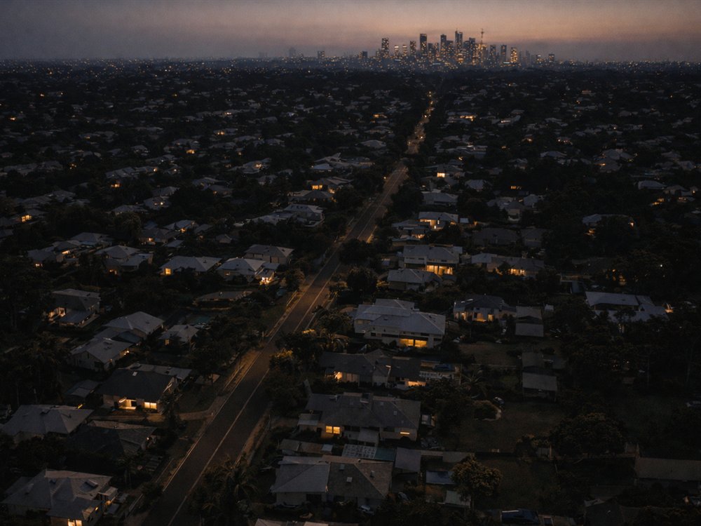 Aerial view of a Brisbane suburb at dusk, the city skyline glowing on the horizon